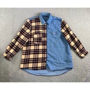 New Look Button Up Shirt Women XL Blue Tan Plaid Denim Split Panel Mixed Media